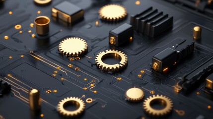 Poster - Intricate Close-Up of a Futuristic Circuit Board with Golden Gears and Electronic Components Against a Dark Background, Highlighting Technology and Innovation