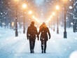 © Wimon - A couple walks hand-in-hand through a snowy street, illuminated by glowing streetlights, creating a romantic winter atmosphere.