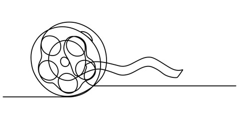 One continuous line drawing of film reel with long tape. Retro old movie and cinema roll in simple linear style. Vintage video filmstrip in editable stroke, film reel with long tape continuous vector.