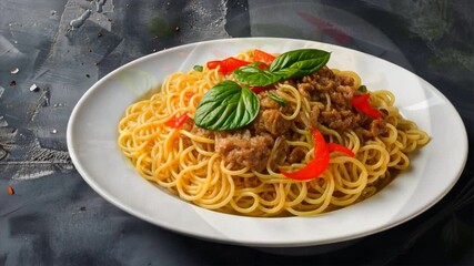 Wall Mural - Gourmet fettuccine pasta dish with chicken, fresh basil, and chili, beautifully garnished on plate for appetizing food experience.