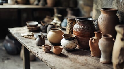 Wall Mural - A rustic table showcasing handmade pottery and small decorative items