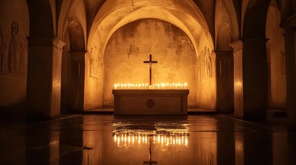 Wall Mural - A quiet crypt with tall arches carved Christian symbols on the walls and a polished altar with a small cross at its head