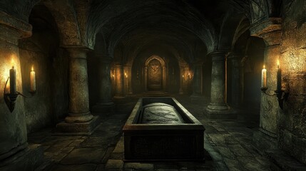 Wall Mural - A narrow crypt with rounded ceilings tall columns and a stone coffin illuminated by the flickering light of candles