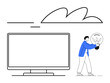 © robu_s - Person carrying a light bulb walking toward a large computer monitor under a stylized cloud. Ideal for business presentations, technology, innovation, creativity, brainstorming, startup culture