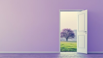 Wall Mural - 
A photograph of an open door leading to a beautiful landscape, with grass and trees on the other side. The background is a pastel purple wall, creating a minimalistic composition.