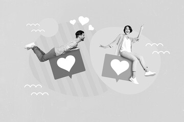 Wall Mural - Creative retro 3d magazine collage image of funny funky couple falling in love online dating isolated painting background