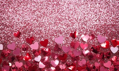 Sticker - Red and pink heart shapes with glitter and confetti scattered on a pink background.