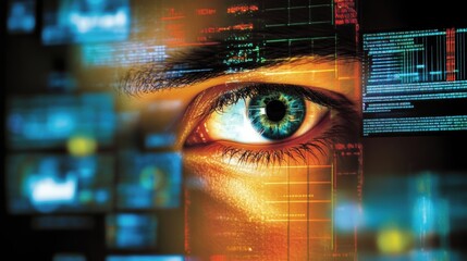 Close up of a programmer's eye analyzing lines of code displayed on a futuristic digital interface, suggesting innovation, technology, and software development in a digital era