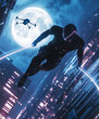 © TONYPUL - A futuristic assassin leaping between two skyscrapers under a full moon. Their sleek, black suit is adorned with glowing neon lines, and their twin blades leave streaks of light in . 4K. Generative AI