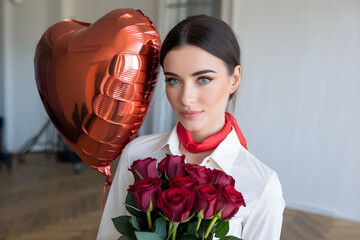 Beautiful Woman Holding Roses and Heart Balloon in Elegant Setting