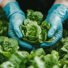 Wall Mural - Hands in blue gloves harvesting fresh lettuce in a green garden patch