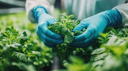 Wall Mural - Growing fresh mint in a greenhouse while wearing protective gloves