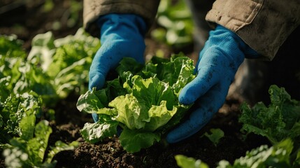 Wall Mural - Hands carefully harvesting fresh lettuce in a vibrant garden bed