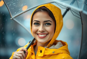 Wall Mural - A smiling female person under a gentle rain, wearing a yellow raincoat and holding an umbrella.