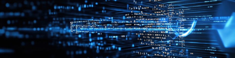 Digital technology, binary code stream, glowing blue data, futuristic interface, abstract cyber landscape, information flow, network connections, technological background, digital transformation, data