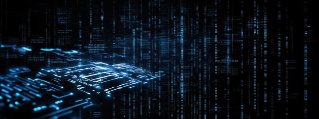 digital technology, binary code stream, glowing blue data, futuristic interface, abstract cyber land