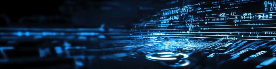 Digital technology, binary code stream, glowing blue data, futuristic interface, abstract cyber landscape, information flow, network connections, technological background, digital transformation, data