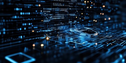 digital technology, binary code stream, glowing blue data, futuristic interface, abstract cyber land
