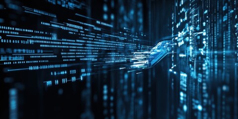 Digital technology, binary code stream, glowing blue data, futuristic interface, abstract cyber landscape, information flow, network connections, technological background, digital transformation, data