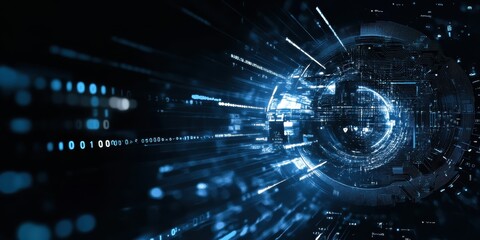 Digital technology, binary code stream, glowing blue data, futuristic interface, abstract cyber landscape, information flow, network connections, technological background, digital transformation, data