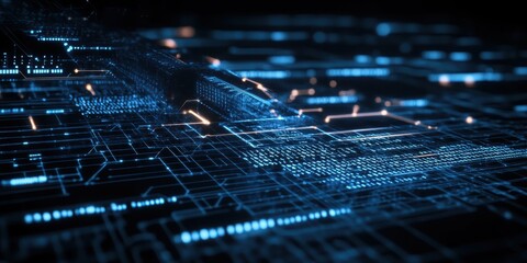 Digital technology, binary code stream, glowing blue data, futuristic interface, abstract cyber landscape, information flow, network connections, technological background, digital transformation, data
