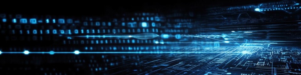 Digital technology, binary code stream, glowing blue data, futuristic interface, abstract cyber landscape, information flow, network connections, technological background, digital transformation, data