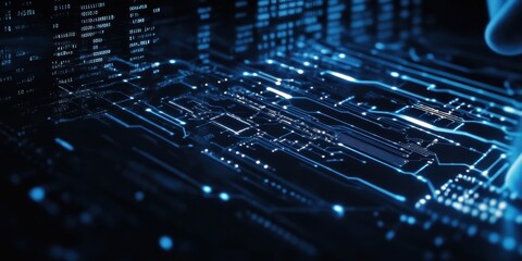 Digital technology, binary code stream, glowing blue data, futuristic interface, abstract cyber landscape, information flow, network connections, technological background, digital transformation, data