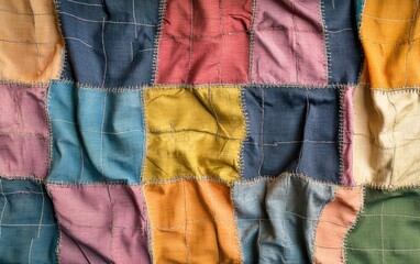 Multicolored patchwork fabric texture with stitched patterns for sustainable fashion and upcycled clothing design 