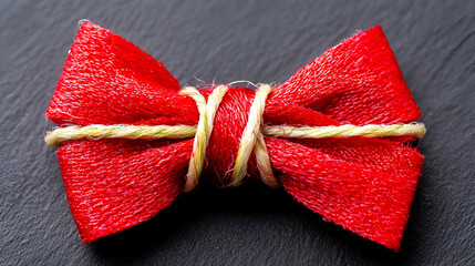 Poster - A vibrant red bow with a decorative twine wrap, set against a dark background, showcasing craftsmanship and elegance.