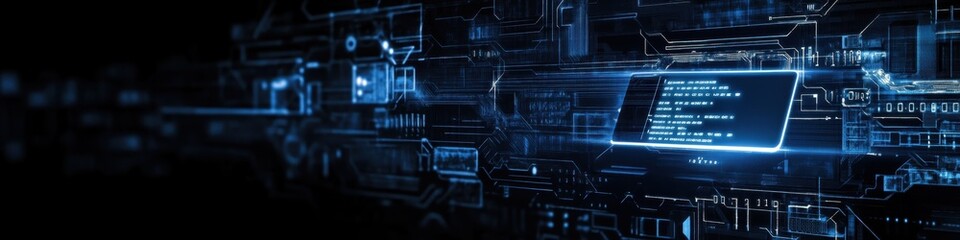 Digital technology, binary code stream, glowing blue data, futuristic interface, abstract cyber landscape, information flow, network connections, technological background, digital transformation, data