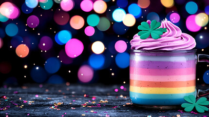 Wall Mural - A colorful layered dessert in a jar, topped with purple frosting and a shamrock, set against a vibrant, bokeh background.