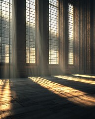 Wall Mural - A serene interior scene with sunlight streaming through tall windows, casting shadows on the floor, creating a tranquil atmosphere.