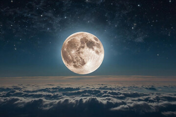 majestic full moon illuminating a sea of clouds under a starry night sky