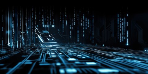 Digital technology, binary code stream, glowing blue data, futuristic interface, abstract cyber landscape, information flow, network connections, technological background, digital transformation, data