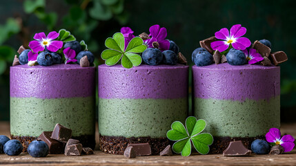 Wall Mural - A vibrant trio of layered mousse cakes featuring purple and green colors, topped with blueberries, chocolate pieces, and decorative flowers.