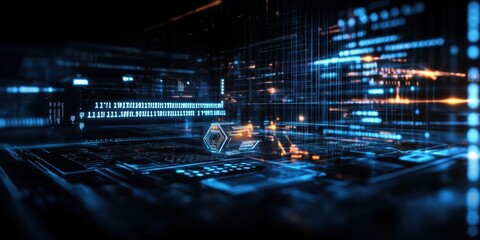 Digital technology, binary code stream, glowing blue data, futuristic interface, abstract cyber landscape, information flow, network connections, technological background, digital transformation, data