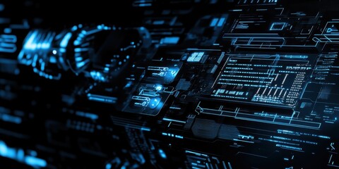 Digital technology, binary code stream, glowing blue data, futuristic interface, abstract cyber landscape, information flow, network connections, technological background, digital transformation, data