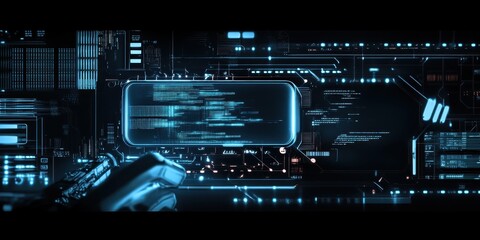 Digital technology, binary code stream, glowing blue data, futuristic interface, abstract cyber landscape, information flow, network connections, technological background, digital transformation, data