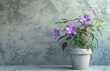© Olexiy Vasilyuk - Bright violet flowers bloom from a textured gray pot against a softly colored wall, radiating freshness and tranquility in a serene indoor setting