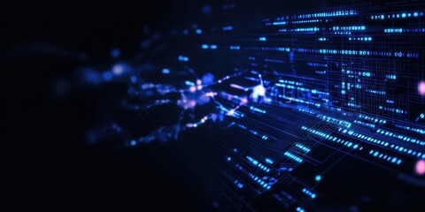 Digital technology, binary code stream, glowing blue data, futuristic interface, abstract cyber landscape, information flow, network connections, technological background, digital transformation, data