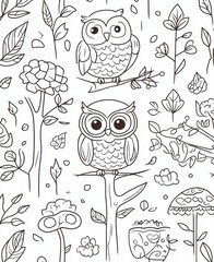 Wall Mural - Seamless pattern with cute owls, trees, flowers, and hearts in a black and white doodle style