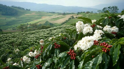 Wall Mural - close up photo of coffee plant in full bloom, with delicate white flowers and red beans