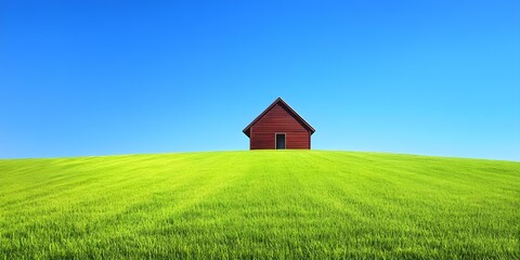 a small red house stands on a green hill under a clear blue sky. concept charming red house, scenic 