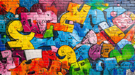Poster - A colorful mural filled with abstract shapes and letters creates an energetic backdrop in an urban area, showcasing local artistry