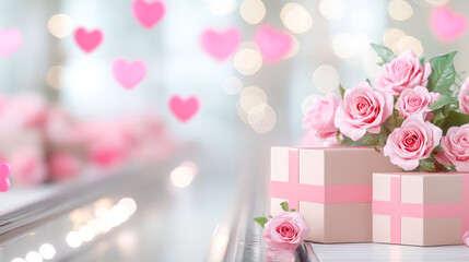 Wall Mural - Colorful gift boxes with pink bows move along a conveyor belt in a bright, festive setting