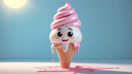 Wall Mural - A cute cartoon ice cream cone melting in the sun