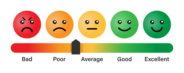 Fototapete - Cute rating emoji set in gradient style with bad, poor, average, good and excellent slider indicator for customer feedback. 3d Vector emotion feedback scale.
