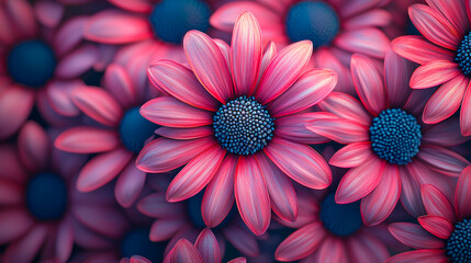 Poster - Vibrant pink flowers with blue centers create a stunning floral display in full bloom