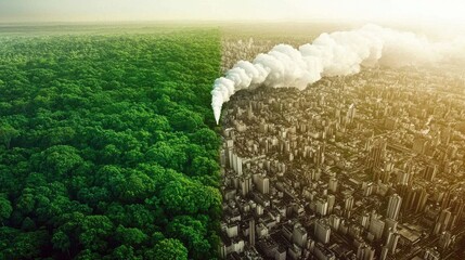 Stunning Contrast Between Lush Green Forest and Urban Pollution Revealing the Impact of Industrialization on Nature and Environment Through Visual Representation