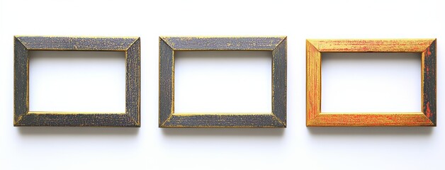 Three vintage golden baroque wooden frames on an isolated background